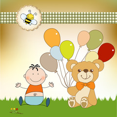 baby invitation with teddy bear and balloons