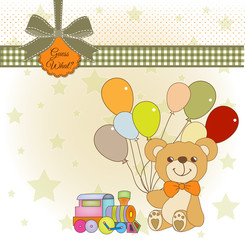 baby invitation with teddy bear and balloons
