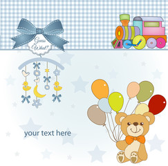 baby invitation with teddy bear and balloons