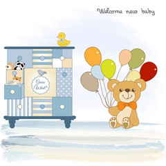 baby invitation with teddy bear and balloons