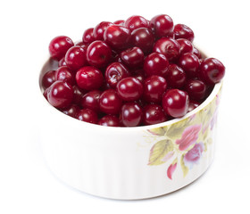 Bowl with ripe cherries. Isolated on a white background.