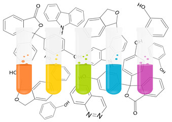 Fialette colorate, molecole,chimica. Colored chemistry vials.