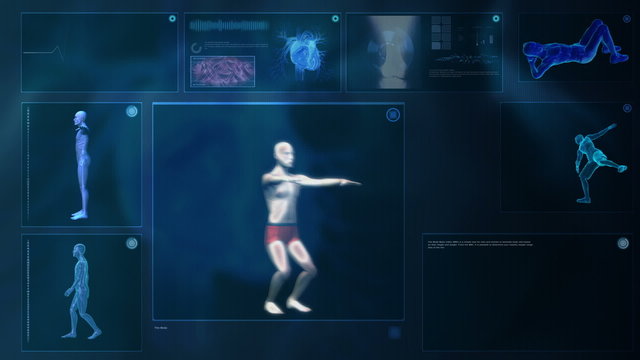 Computer X-raying the human body, Keep fit exercises.
