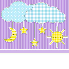 Card with clouds, moon, sun and stars on textile background