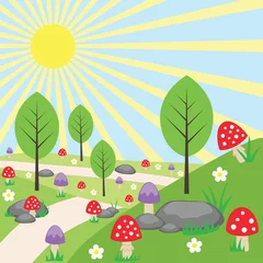 Stickers pour porte Monde magique Paysage lumineux de dessin animé avec des champignons