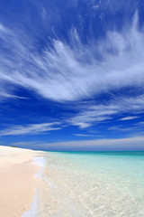 砂浜に打ち寄せる白い波と夏の空