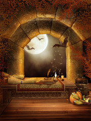 Magiczne okno z nietoperzami w chatce czarownicy - obrazy, fototapety, plakaty