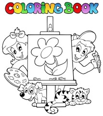 Livre de coloriage avec des enfants et une toile
