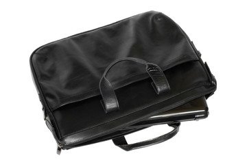 Fototapeta premium Black leather computer bag with laptop