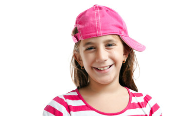 Portrait of a cute latin girl wearing a pink baseball cap