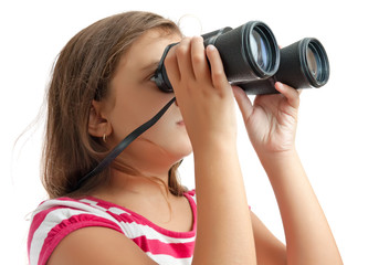 Girl looking through binoculars isolated on white