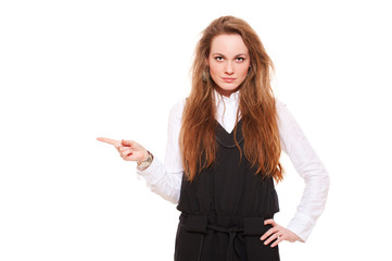 model pointing at something