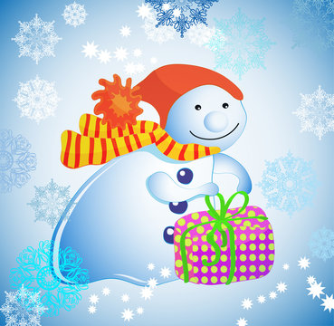 Christmas illustration - background with snowman, gift  and snow