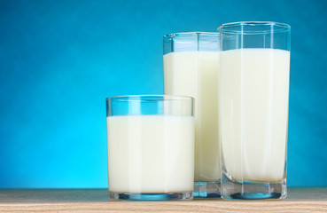 Tasty milk in glasses on blue background