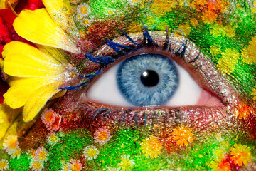Obraz premium blue woman eye makeup spring flowers metaphor