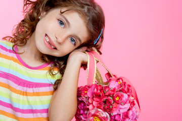 children girl holding fashin spring pink flowers bag