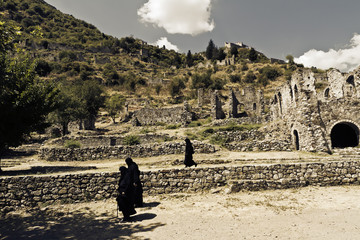 nuns in the fortified town of Mystras,Greece