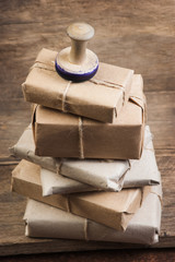 Postage on the background of an old board