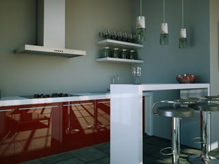 Küchendesign - Küche grau rot
