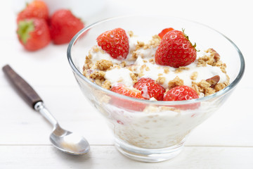 Milk with cereal and strawberries