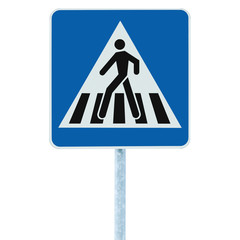 Zebra crossing pedestrian warning traffic sign blue isolated