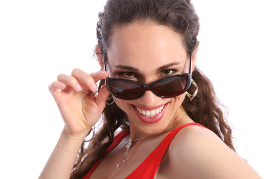 Beautiful smile by happy woman in sunglasses