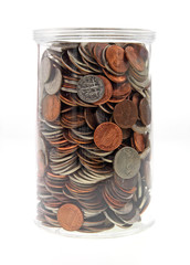 Plastic jar filled with loose change