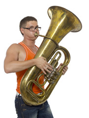 Portrait of young handsome man with saxophone