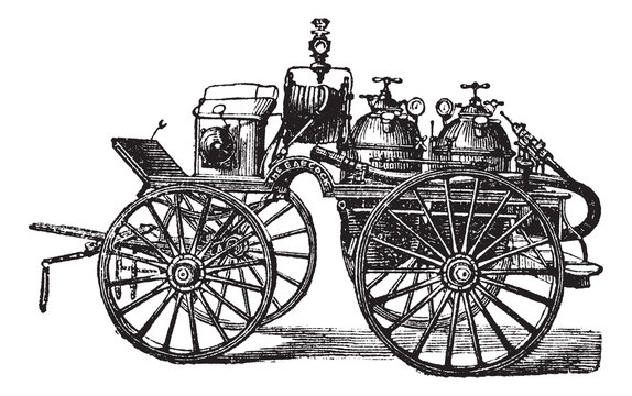 Horse-driven Fire Wagon, vintage engraved illustration