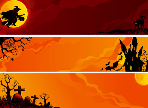 Three  vector helloween banners with witch, bats.