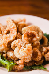 Crispy pork salted rind with thai herbal,Thai sty food