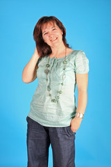 fashion woman on blue background studio shot