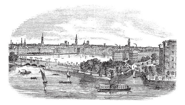 Canal and buildings at Hamburg,Germany vintage engraving