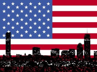 Grunge Boston skyline with American flag illustration
