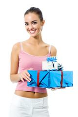 Young smiling woman with gift, isolated on white
