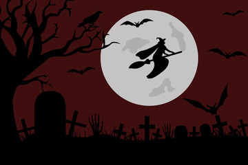 Illustration of a witch flying over a cemetery
