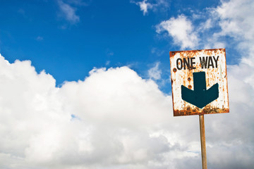 Grunge label sign on blue sky background