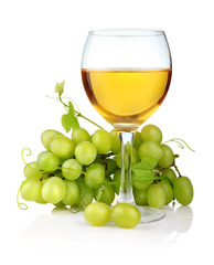 glass of wine and grape branch isolated on white