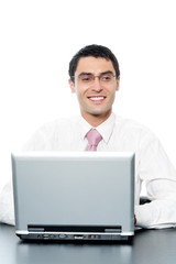 Businessman working with laptop, isolated