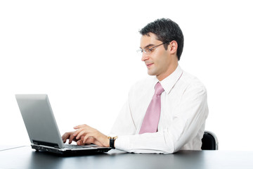 Businessman working with laptop, isolated