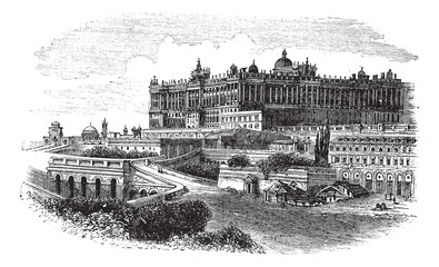 Fototapeta premium The Royal Palace of Madrid in Spain vintage engraving