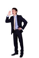 Businessman in studio talking loudly