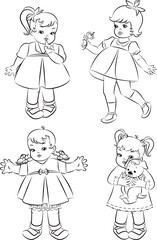 Vintage cartoon little girls. Vector set