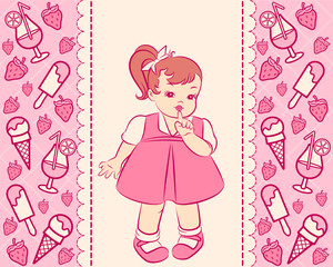 Vintage cartoon little girl in dress with a sweetness.