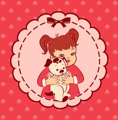 Poster klein meisje met puppy op de sierlijke achtergrond. Vector © pugovica_88