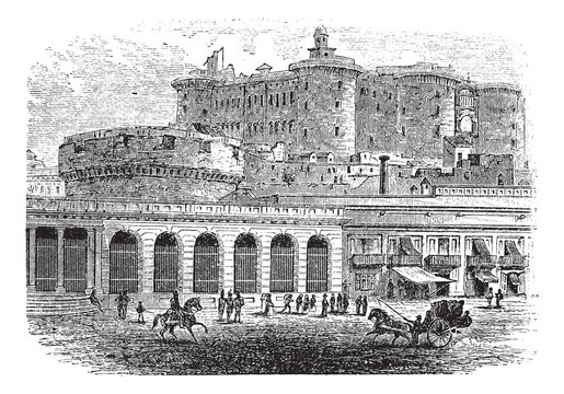 Castel Nuovo in Naples, Campania, Italy, vintage engraved illust