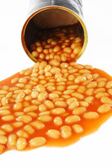 Spilled tin of baked beans on  white