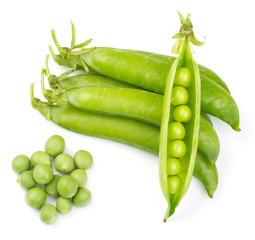 Fresh green pea pod over white background