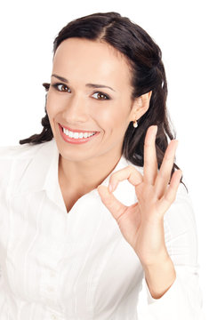 Business woman with okay gesture, on white