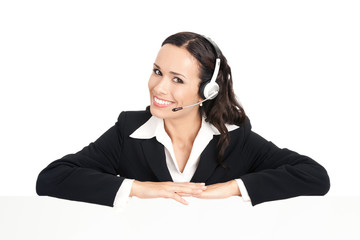 Support phone operator with signboard, isolated